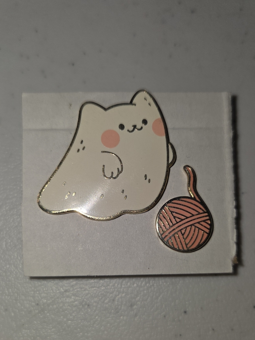 Cute White Cat with Pink Cheeks Enamel Pin - Cat & Yarn Design